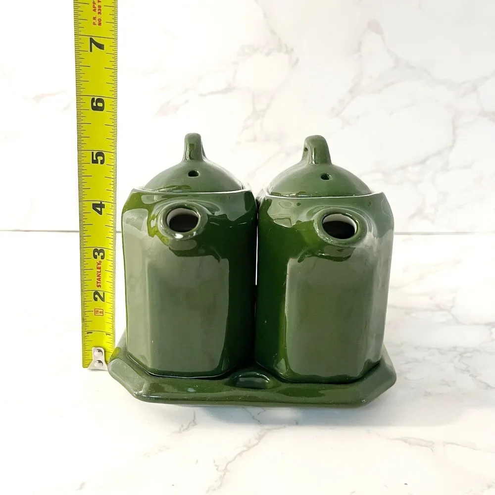 Vintage Lidded Shenango China Oil & Vinegar Cruet Set with Tray Forest Green